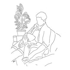 a black and white drawing of a man sitting next to a plant