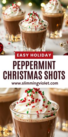 peppermint christmas shots with whipped cream and sprinkles on the top