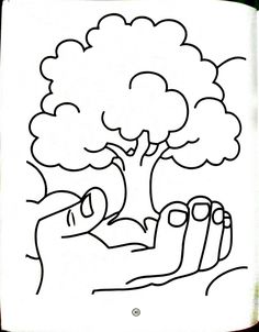 a black and white drawing of a person holding a tree with their hands in front of them