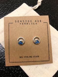 Blue wave stud earrings made with 925 sterling silver - comes with a gift bag! Cadmium-free Blue Earrings As Gift, Everyday Blue Jewelry With Matching Earrings, Blue Hypoallergenic Sterling Silver Jewelry, Blue Sterling Silver Jewelry Gift, Blue Sterling Silver Earrings Gift, Hypoallergenic Sterling Silver Blue Earrings, Surf Jewelry, Gifts For Surfers, Baby Earrings