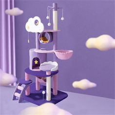 a purple cat tree house in the middle of a room with white clouds flying around it