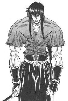 an anime character in black and white with his hands on his hips, holding two swords