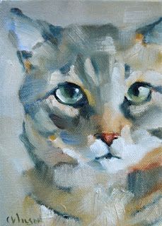 a painting of a cat with green eyes