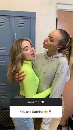 two girls hugging each other in front of lockers with the caption you and sarina