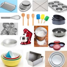 many different types of baking utensils and pans