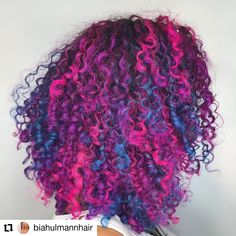 Vivid Hair Color Curly, Galaxy Curly Hair, Hair Color For Curly Hair Natural Curls, Pink Blue Purple Hair, Pink Purple And Blue Hair, Pink Purple Blue Hair, Purple And Pink Hair, Coily Hair Care, Fantasy Hair Color