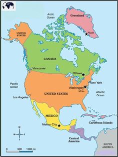 a map of north america showing the location of major cities and their respective towns in color