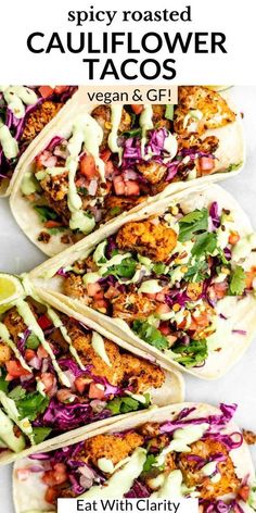 three chicken tacos with cole slaw and guacamole on top