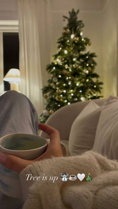 a person holding a bowl in front of a christmas tree