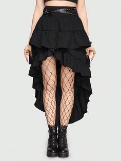 Ruffle Trim High Low Hem Skirt Black Casual   Fabric Plain Asymmetrical Non-Stretch  Women Clothing, size features are:Bust: ,Length: ,Sleeve Length: Aesthetic Hijab Outfit, Black High Low Skirt, Ruffle Skirts, Goth Skirt, How To Make Skirt, High Low Skirt, Hem Skirt, Asymmetrical Skirt, Layered Skirt