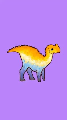 an orange and blue dinosaur on a purple background