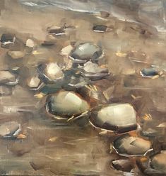 an oil painting of rocks in the water