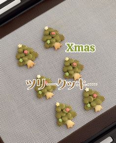 there are four pieces of dog food on the tray with words in japanese and english