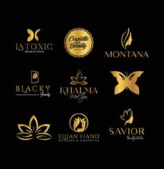 the logos for beauty products are gold and black, with leaves on each one side