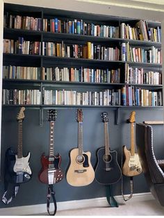 guitars are lined up against the wall in front of bookshelves