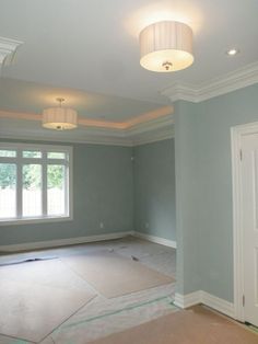 an empty room with light blue walls and white trim