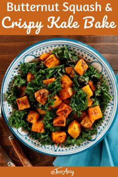 butternut squash and crispy kale bake in a blue and white bowl