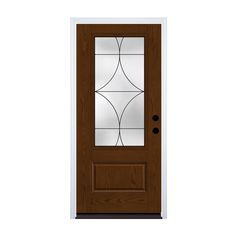 a wooden door with glass on the top and bottom panel, against a white background