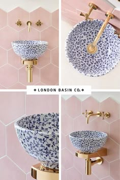 four different views of a bathroom sink with gold faucets and blue flowers on it