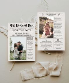 the wedding announcement is displayed on top of a piece of paper next to some ribbons