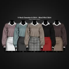 several sweaters and skirts with collared necklines are shown in different colors, from black to brown