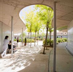 people are walking down the walkway in an open area with trees and plants on either side