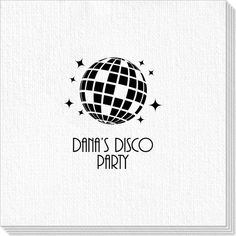 the logo for dj disco party with stars and a black and white checkered ball