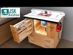 an open cabinet in the shape of a workbench with tools on it and a label that says j & k kobou