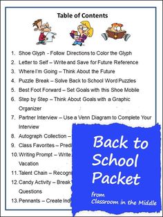 the back to school packet is shown with text and pictures for each student's activities