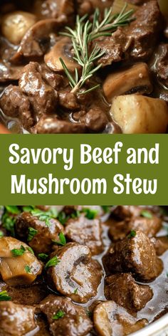 savory beef and mushroom stew in a white bowl