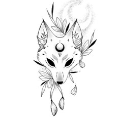 a fox head with leaves and moon on it's face, in black and white