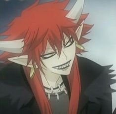 an anime character with red hair and horns