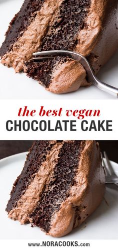 the best vegan chocolate cake is on a white plate with a fork in it