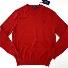 Polo Sweater Fast Shipping! Polo Ralph Lauren Long Sleeve Red V-Neck Sweater With Logo Embroidery On Chest New With Tags - $98.50 Lightweight Pullover 100% Pima Cotton Size Large Chest 22" (Armpit To Armpit) Length 28" Fast Shipping! Classic Red V-neck Sweater, Classic Red V-neck Long Sleeve Sweater, Fitted Red V-neck Sweater, Red Cotton V-neck Sweater, Sweater Vest Mens, Hot Sweater, Polo Ralph Lauren Sweater, Red Pullover, Clean Environment