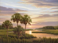 a painting of palm trees and the sun setting over a marshy area with water