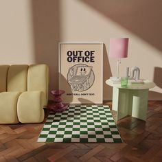 a room with a checkered floor and an out of office sign on the wall