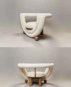 three different views of the same chair with wheels and legs, one is made out of wood