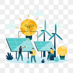 people working on solar panels with windmills and sun in the background, illustration, cartoon png and psd