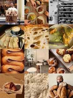 a collage of photos with bread, pastries and other food items in them