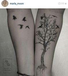 two people with matching tattoos on their legs, one has a tree and the other has birds