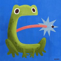 a painting of a green frog holding a red object in its mouth and looking at it