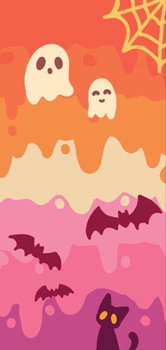 an image of halloween scene with ghostes and bats in the sky on orange, pink, yellow and purple background