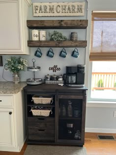 a coffee bar in the corner of a kitchen