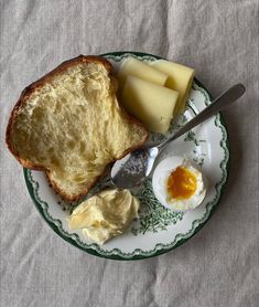 a plate with bread, butter and eggs on it