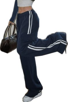 Casual Blue Full-length Cargo Pants, Casual Navy Straight Leg Cargo Pants, Blue Straight Sweatpants Sporty Style, Blue Sporty Sweatpants, Navy Bottoms For Streetwear, Navy Sporty Sweatpants With Pockets, Navy Relaxed Fit Pants With Side Pockets, Blue Loose Sporty Pants, Sporty Blue Baggy Pants