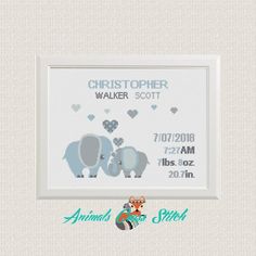 a cross stitch pattern with an elephant and its baby's birth date