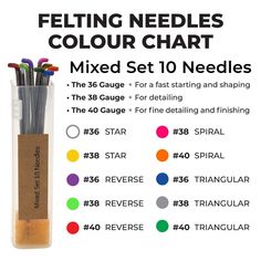 a set of four needles with different colors and sizes on them, in a tube