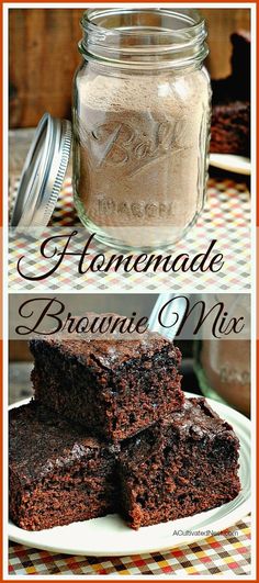 homemade brownie mix in a mason jar and on a plate with two pieces of cake