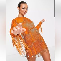 Asos Design Embellished Shift Mini Dress With Beaded Fringe In Orange Nwt Sold Out Online! Tassels Dress Party, Long Sleeve Sequin Fringe Dress, 70s Shimmer Dress, Fringed Dresses Party, All Fringe Dress, Disco Dress Pregnant, Orange Glam Dress, Fringe Dress Sleeves, Gatsby Fringe Dress