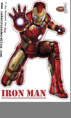 an iron man cutout is shown with the words iron man in red and white